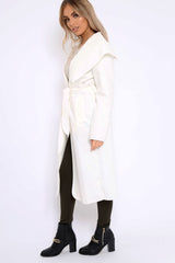White Long Length Waterfall Belted Coat - Cindy-Coats