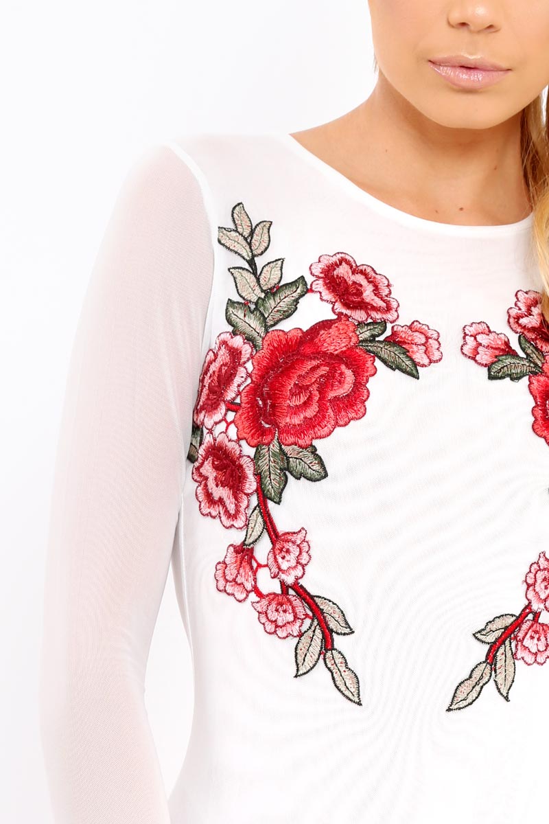 White Long Sleeves Floral Mesh Bodysuit - Daphne-Bodysuits