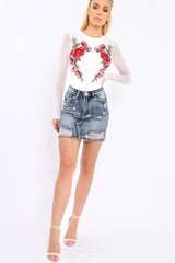 White Long Sleeves Floral Mesh Bodysuit - Daphne-Bodysuits