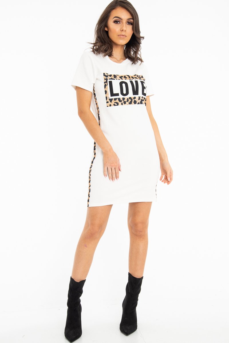 White Love Slogan Leopard Midi T-shirt Dress - Kloie-Dresses