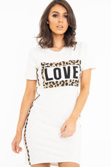 White Love Slogan Leopard Midi T-shirt Dress - Kloie-Dresses