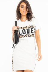 White Love Slogan Leopard Midi T-shirt Dress - Kloie-Dresses