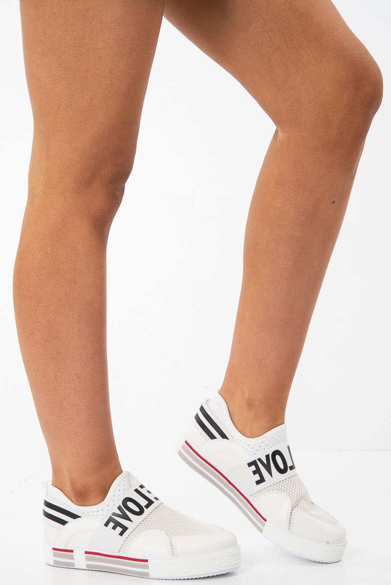 White Love Slogan Slip On Trainer - Tamra-Trainers