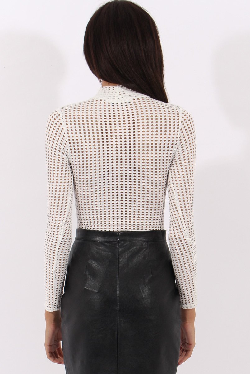 White Mesh Airtex Long Sleeve Bodysuit - Halley-Bodysuits