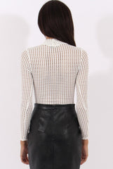 White Mesh Airtex Long Sleeve Bodysuit - Halley-Bodysuits