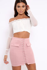 White Mesh Bardot Ruched Front Crop Top - Carlita-Tops
