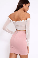 White Mesh Bardot Ruched Front Crop Top - Carlita-Tops