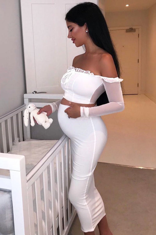 White Mesh Bardot Ruched Front Crop Top - Carlita