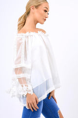 White Mesh Bardot Top - Keelie-Tops