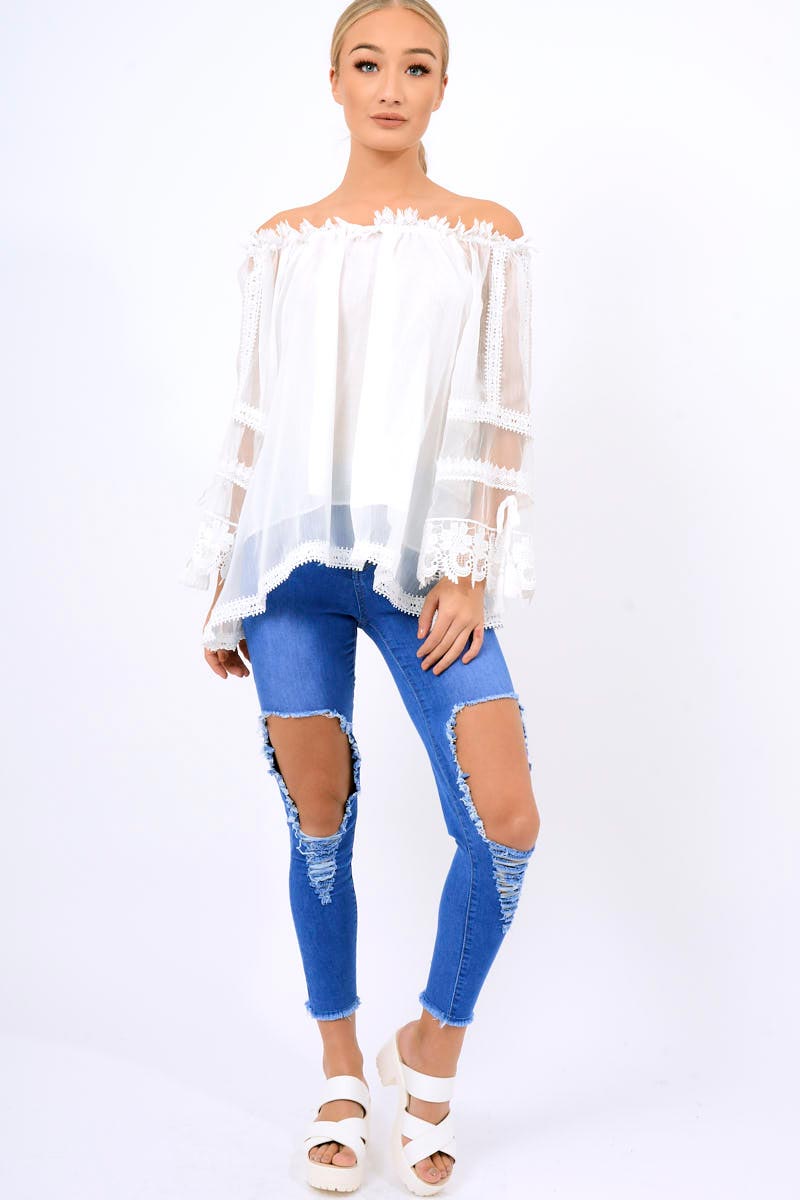 White Mesh Bardot Top - Keelie-Tops