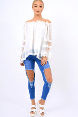 White Mesh Bardot Top - Keelie-Tops