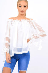 White Mesh Bardot Top - Keelie-Tops