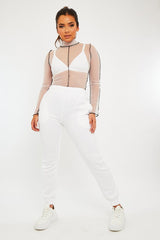 White Mesh Contrast Stitch Long Sleeve Crop Top - Evie-Crop Tops