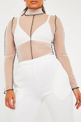 White Mesh Contrast Stitch Long Sleeve Crop Top - Evie-Crop Tops