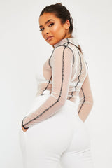 White Mesh Contrast Stitch Long Sleeve Crop Top - Evie-Crop Tops