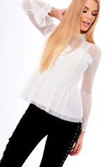 White Mesh Crochet Bell Sleeve High Neck Blouse - Loretta-Tops