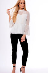White Mesh Crochet Bell Sleeve High Neck Blouse - Loretta-Tops