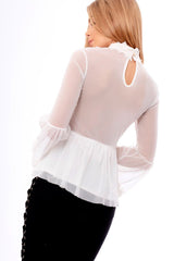 White Mesh Crochet Bell Sleeve High Neck Blouse - Loretta-Tops