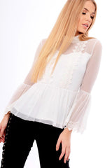White Mesh Crochet Bell Sleeve High Neck Blouse - Loretta-Tops