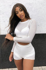 White Mesh Crop Jumper Shorts Co-Ord - Stassie-Co-ords