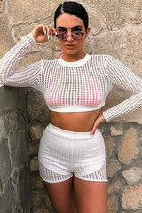 White Mesh Crop Jumper Shorts Co-Ord - Stassie-Co-ords