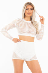 White Mesh Crop Jumper Shorts Co-Ord - Stassie-Co-ords