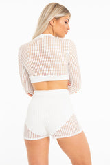 White Mesh Crop Jumper Shorts Co-Ord - Stassie-Co-ords