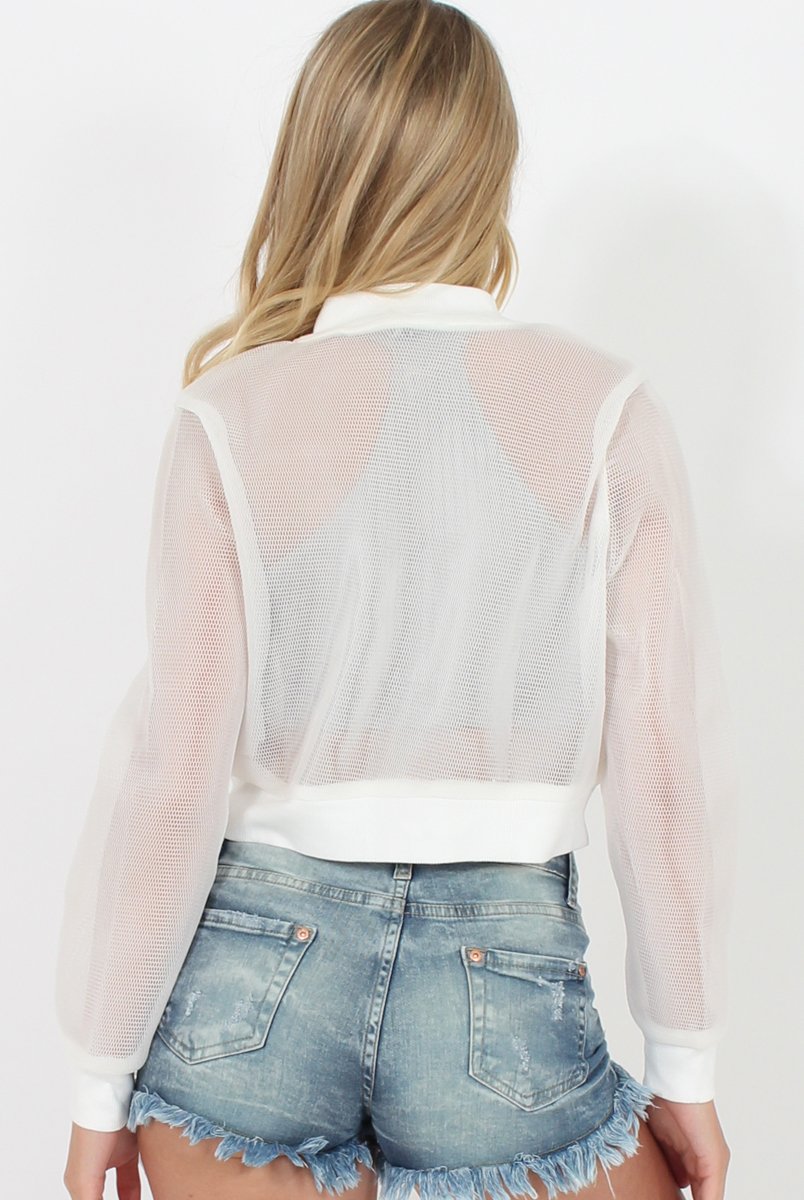 White Mesh Cropped Bomber Jacket - Melrose-Jackets