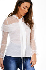 White Mesh Dotted Blouse - Jose-Blouses