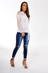 White Mesh Dotted Blouse - Jose-Blouses