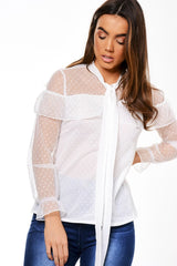 White Mesh Dotted Blouse - Jose-Blouses