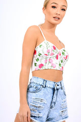 White Mesh Embroidered Cami Crop Top - Thalia-Crop Tops