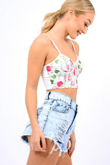 White Mesh Embroidered Cami Crop Top - Thalia-Crop Tops