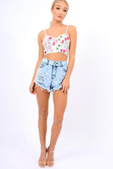 White Mesh Embroidered Cami Crop Top - Thalia-Crop Tops