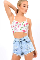 White Mesh Embroidered Cami Crop Top - Thalia-Crop Tops
