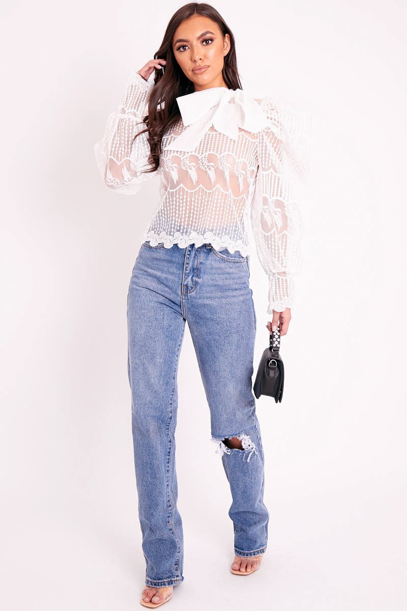 White Mesh Embroidery Design Bow Neck Blouse - Jackson-Blouse