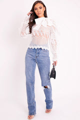 White Mesh Embroidery Design Bow Neck Blouse - Jackson-Blouse