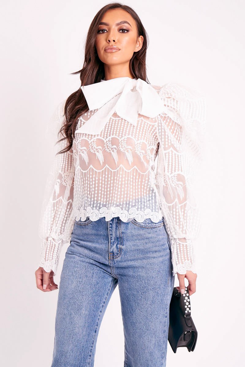 White Mesh Embroidery Design Bow Neck Blouse - Jackson-Blouse