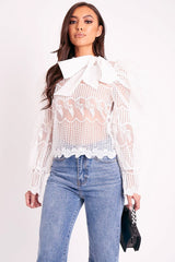 White Mesh Embroidery Design Bow Neck Blouse - Jackson-Blouse