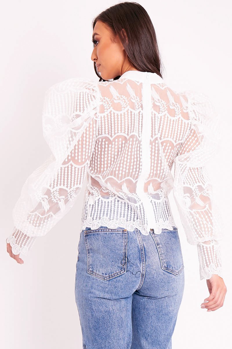 White Mesh Embroidery Design Bow Neck Blouse - Jackson-Blouse