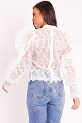 White Mesh Embroidery Design Bow Neck Blouse - Jackson-Blouse
