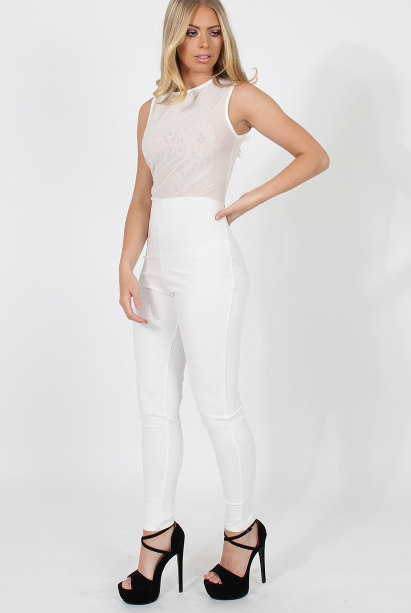 White Mesh Flocked Jumpsuit - Keira-Jumpsuits