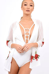 White Mesh Floral Applique Kimono - Lizzy-Jackets