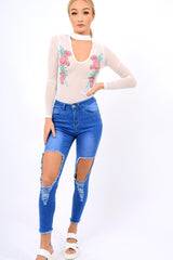 White Mesh Floral Choker Bodysuit - Bryleigh-Bodysuits