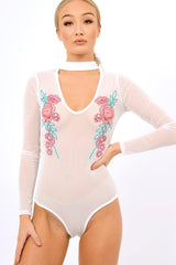 White Mesh Floral Choker Bodysuit - Bryleigh-Bodysuits