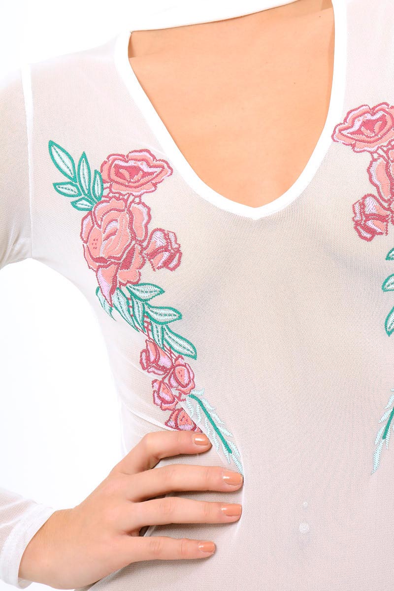 White Mesh Floral Choker Bodysuit - Bryleigh-Bodysuits