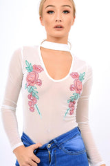 White Mesh Floral Choker Bodysuit - Bryleigh-Bodysuits