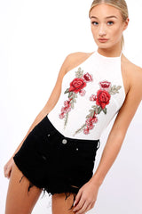 White Mesh Floral Embroidered Halterneck Bodysuit - Bebe-Bodysuits
