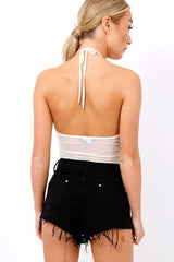 White Mesh Floral Embroidered Halterneck Bodysuit - Bebe-Bodysuits