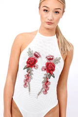 White Mesh Floral Embroidered Halterneck Bodysuit - Bebe-Bodysuits